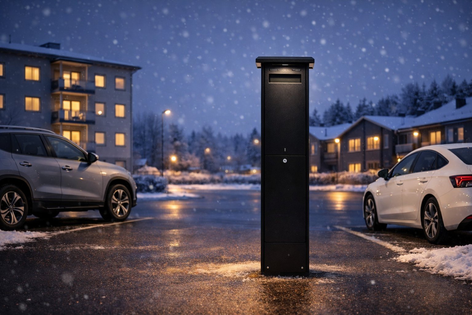 InfraPole modulaarinen lataus- ja lämmitystolppa taloyhtiön pysäköintialueella