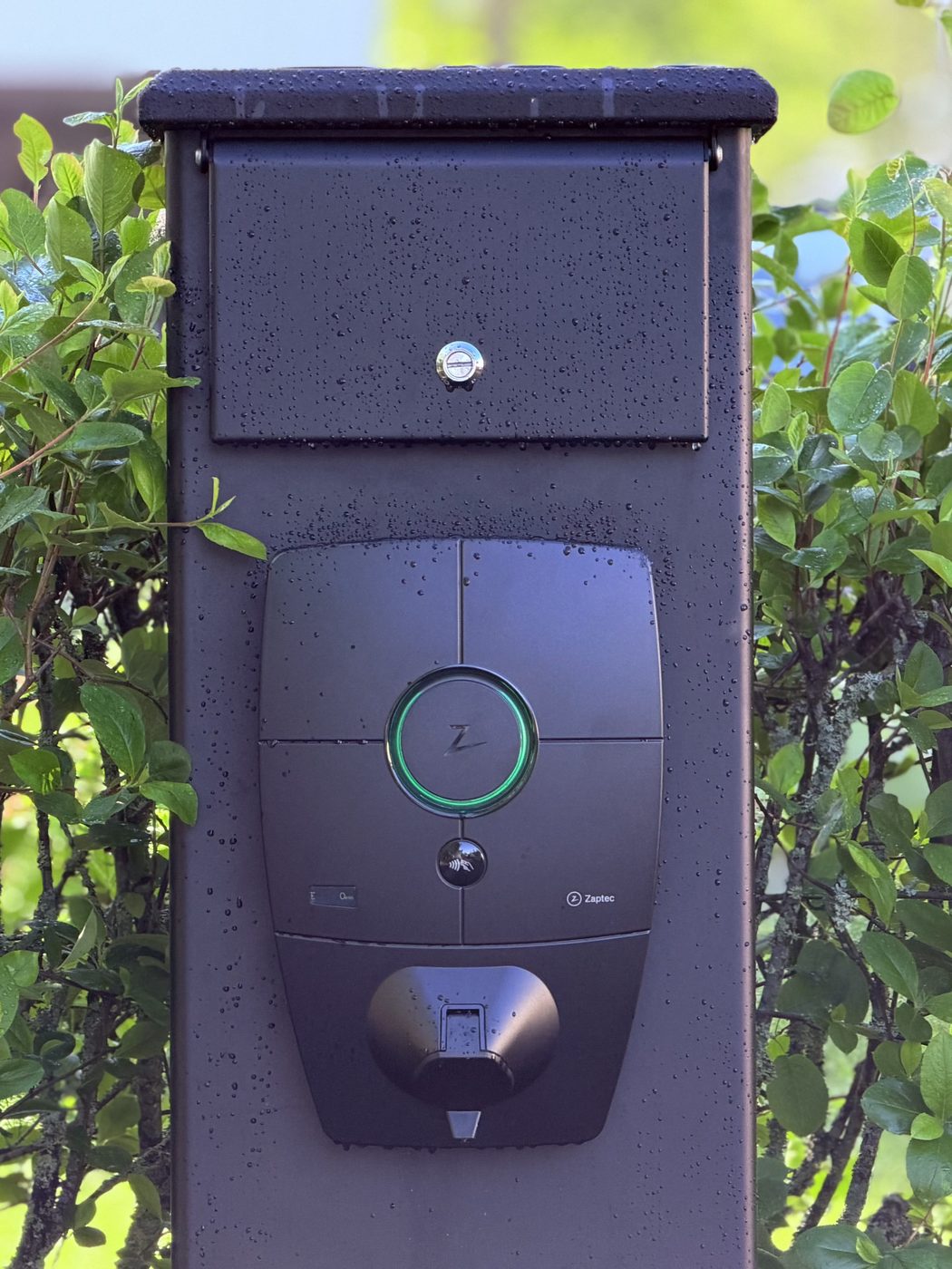 Close-up of the InfraPole charger and Type 2 connector